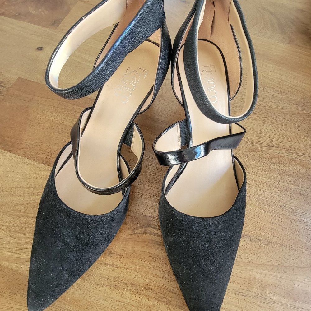Franco Sarto Suede and Leather Point Toe Black Strappy Heels